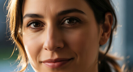 Warm smile of a woman with thoughtful eyes, bathed in soft natural light.