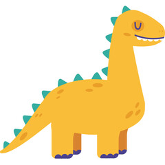 Cartoon yellow dinosaur with blue spikes and purple feet smiling with eyes closed on a transparent background flat vector illustration