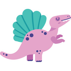 Cute Pink Dinosaur With Teal Fins And Purple Spots On Transparent Background Simple Flat Illustration
