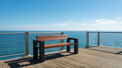 Pneumatic bench with black steel frame and wood slats, product shot overlooking ocean on sunny day, blending outdoor furniture functionality with coastal scenic beauty for promotional use.
