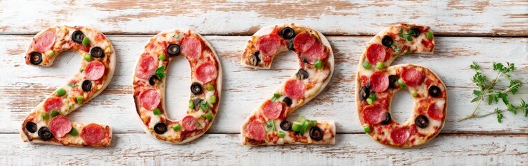 A fun and colorful display of pizza arranged in the shape of the numbers 2026. This playful arrangement features various toppings like pepperoni, olives, and green peppers, ideal for parties