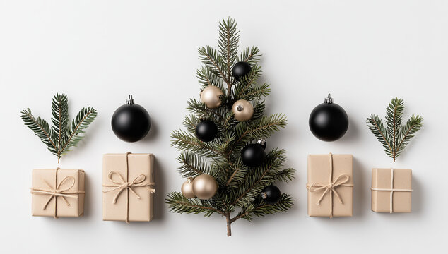 Nordic-style Christmas tree flat-lay scene for New Year 2026, white background, pine branches, matte black baubles, minimalist gift boxes with kraft paper, soft shadows, top-view composition