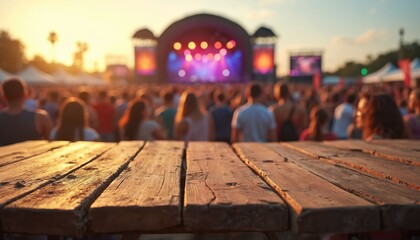 Weathered wooden table foreground for outdoor music concert. Crowd watches performers on stage under sunset sky. Festive atmosphere, live entertainment scene.