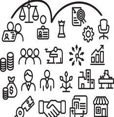 Diverse collection of outline icons representing business strategy technology finance and innovation concepts