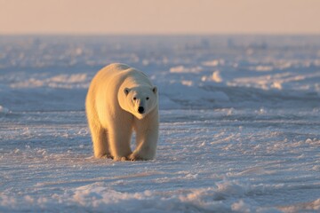 A polar bear strolls across a frozen landscape in the Arctic as the sun sets, casting a warm glow over the snow and ice. The serene atmosphere highlights the beauty of nature