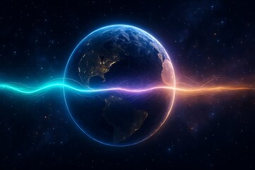 Earth illuminated by vibrant cosmic energy streams in deep space