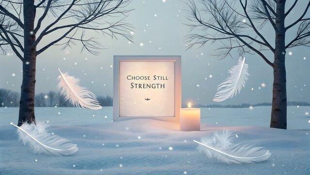 A serene winter scene with lit candle and inspirational quote - Powered by Adobe