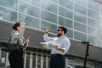 Two business associates rejoice together in a dynamic setting, showcasing teamwork and success. The image captures their positive professional interaction outside a modern building.