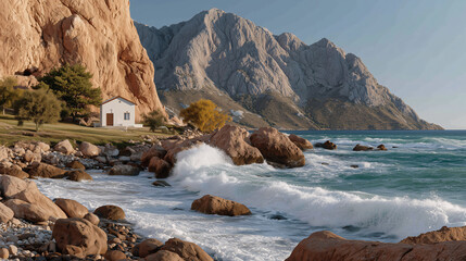 Vicunas on the shore of a mountain lake with majestic mountains in the background — calm shot for tourism and nature publications.
