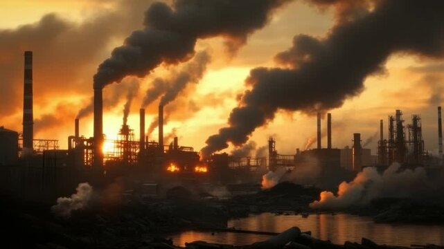 Toxic Skyline: The industrial cityscape at dusk. A symphony of smokestacks spew a thick, noxious plume into the twilight sky, casting a shadow on the future.