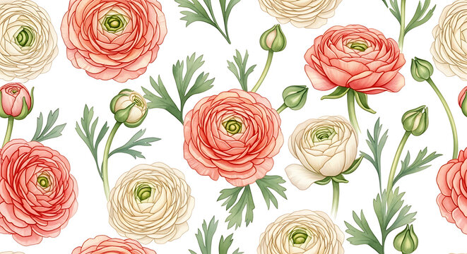 Watercolor ranunculus floral pattern in peach, coral, and cream with soft green leaves and buds. A delicate spring garden botanical design on a seamless white background | seamless pattern with roses