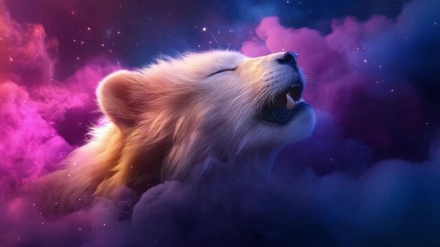 Celestial Howl: An ethereal canine figure, bathed in celestial light, lifts its head to the heavens, letting out a resonating howl amidst a vibrant, dreamlike canvas of clouds and stars.