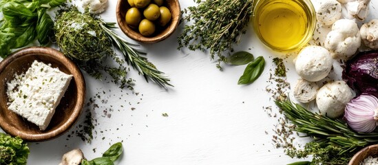 Fresh Mediterranean ingredients - feta, olives, herbs, and olive oil.