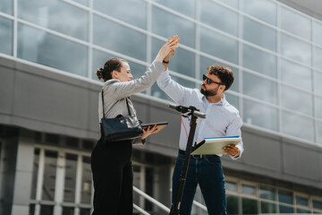 Businesspeople share a moment of camaraderie and teamwork outside a contemporary office. They...