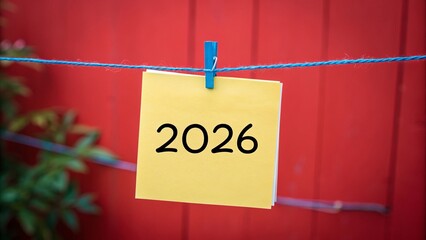 Yellow Sticky Note with Decorative 2026 on Red Background