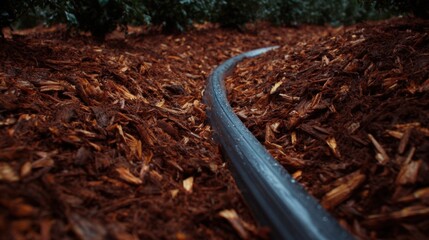 Close-up of a curved black pipe lying on a bed of wood chips. the wood chips are scattered around the pipe, creating a textured surface.