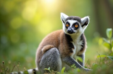 Obraz premium Ring tailed lemur sits in green grass looking intently. Cute primate with big orange eyes observes surroundings outdoors. Small animal with black white face fur in its natural habitat.