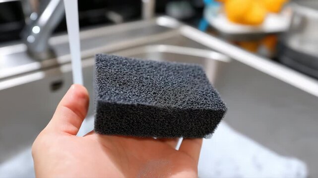 Hand handling black scrub sponge in kitchen with stainless steel sink and orange fruit
