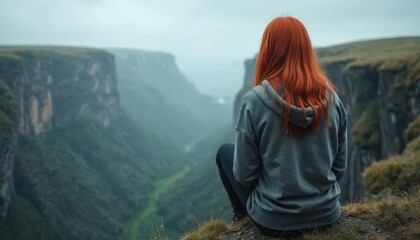 Naklejka premium Redhead woman sits on cliff edge looking at canyon vista. Rain falls on green mountain landscape. Female contemplates nature outdoors, feeling solitude and peace.