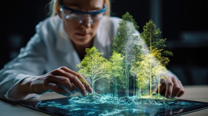 Scientist analyzing holographic environmental simulation with artificial intelligence proposing reforestation plan and conservation strategy. Sustainability eco tech and climate technology innovation.
