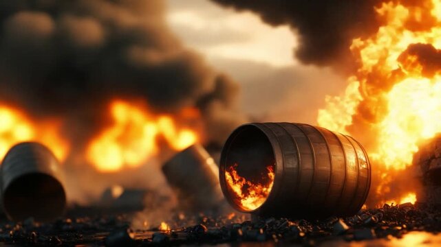 Fire Hazard: A fiery explosion ignites, engulfing barrels in a blaze of destruction, thick smoke billows into the air, creating a dramatic and hazardous scene. 