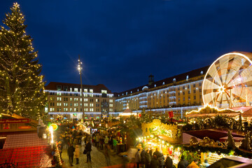 Panoramic view of the Striezelmarkt Christmas market in Dresden, Germany