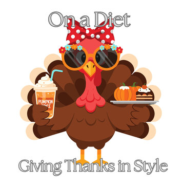 Cartoon Turkey with hair bow, sunglasses, and food