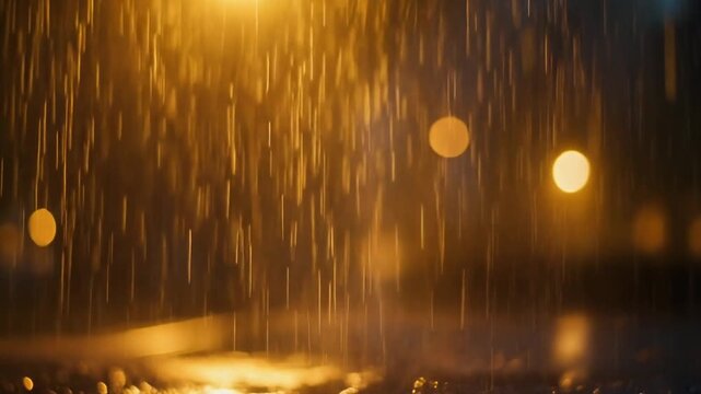 Blurry nighttime scene of heavy rain with warm golden lights reflecting on wet pavement.