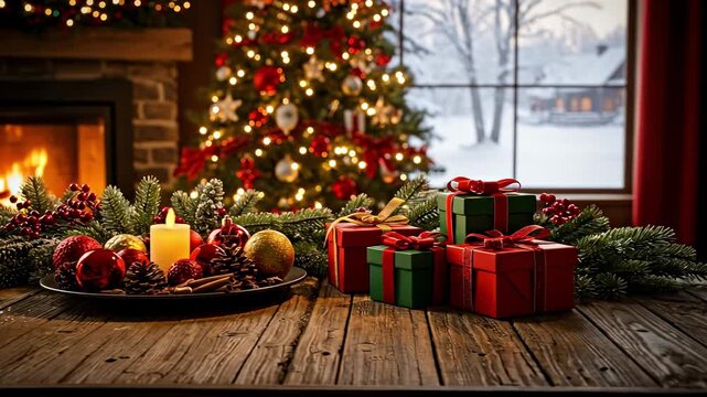A Cozy Christmas Scene with a Hot Beverage by the Fireplace Surrounded by Ornaments, Gifts, and a Decorated Tree in a Wintery Setting