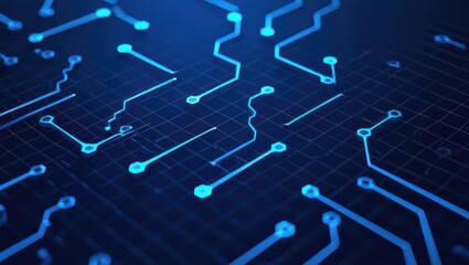 Close-up of a blue circuit board with intricate electronic pathways and connections.