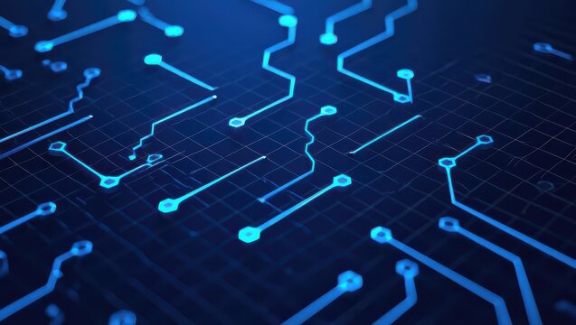 Close-up of a blue circuit board with intricate electronic pathways and connections.
