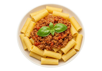 Rigatoni pasta with bolognese sauce and basil isolated on transparent background