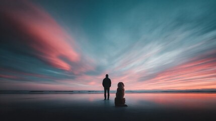Obraz premium In the early morning, a man stands with a dog beside him, both silhouetted against a vibrant sunrise. The colorful sky creates a serene backdrop, capturing a moment of companionship on the beach