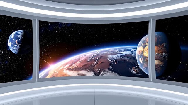 Futuristic Spaceship Interior with Earth and Planets View Through Windows in Space Digital Art Realistic Scenery Background for Adobe Stock