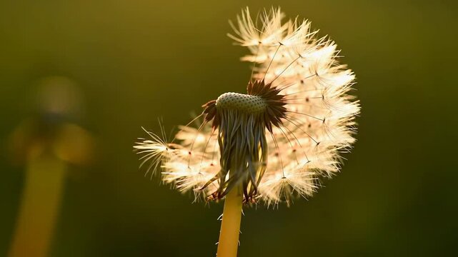 Dandelion seed head in focus with soft glowing sunlight and blurred green background, for nature images