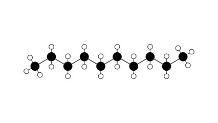 decane molecule, structural chemical formula, ball-and-stick model, isolated image solvent