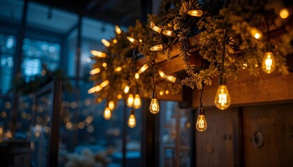 Twinkling fairy lights glow in soft amber. Golden garland loops around festive corner. Warm bulbs dangle on celebration wire. Holiday sparkle brightens the dark scene.