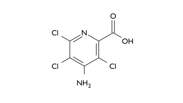 picloram molecule, structural chemical formula, ball-and-stick model, isolated image herbicide
