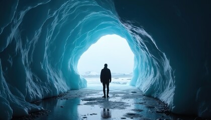 Man stands in luminous blue glacial ice cave looking out at frozen ocean landscape. Solitary figure explores vast arctic wilderness, experiencing natural wonder, cold, and extreme travel.