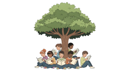 Diverse group of children reading books under a large tree isolated on transparent background