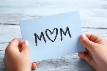 Little child hands tenderly hold up light blue greeting card, handwritten mom message, heart symbolizes love.
