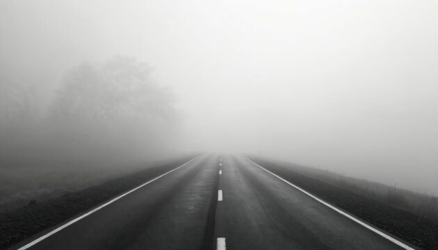 Empty asphalt road vanishing into dense white fog. White lines mark lanes on wet highway. Hazy atmosphere obscures trees and landscape ahead. Journey into unknown begins.