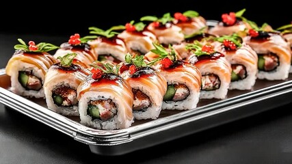 A tray of assorted sushi rolls on a table, ready to be served