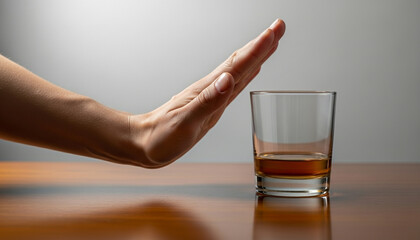 A hand pushes away a glass of alcohol on a table, symbolizing refusal and sobriety. The clean, neutral background and sharp focus convey the message of addiction awareness and health-conscious choices