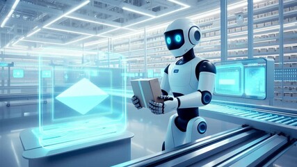High-tech warehouse humanoid robot interacting with holographic digital logistics interface inside a futuristic AI-driven smart storage environment - Powered by Adobe
