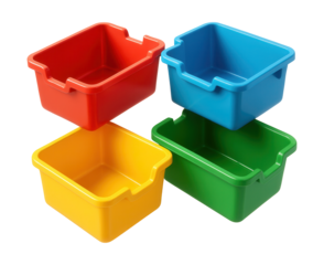 Colorful interlocking storage bins for a creative play area in a daycare.