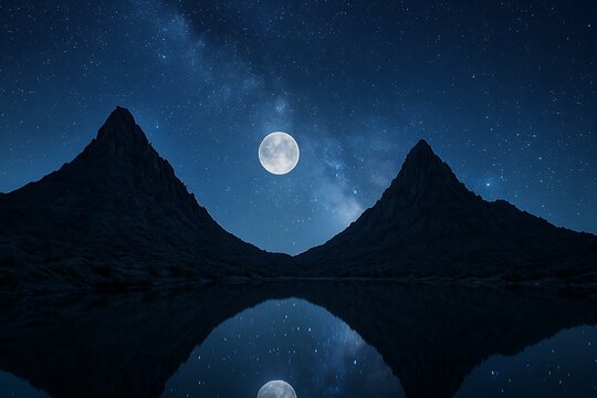 Serene mountain lake under a starry night sky with full moon
