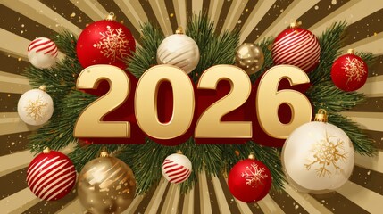 Bright golden numbers 2026 stand out among red and white decorative ornaments. Pine branches create a cheerful holiday atmosphere with a golden background