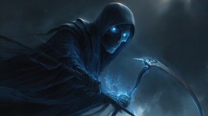 Grim Reaper with Glowing Eyes and Scythe in the Shadows.