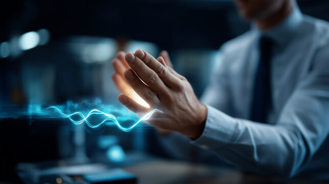 Anonymous professional gesturing greeting on screen communication soft focus workspace video greeting moment digital wave interaction remote colleague connection office techno